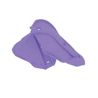 A 3D model of a futuristic motorcycle seat, rendered in a solid purple color, with a sleek and ergonomic design.