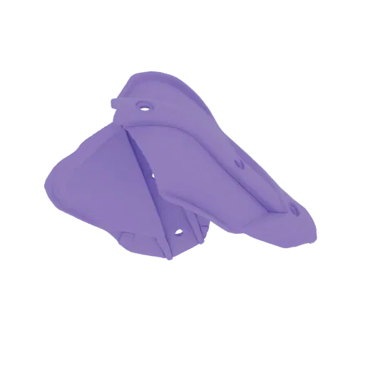 Un modello 3D di una sella moto futuristica, renderizzata in colore viola solido, con un design elegante ed ergonomico.