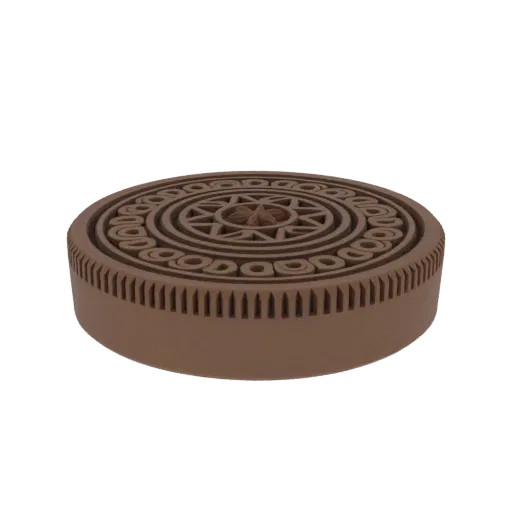 A detailed 3D render of an ornate circular game token with intricate concentric patterns and a textured edge, presented in a