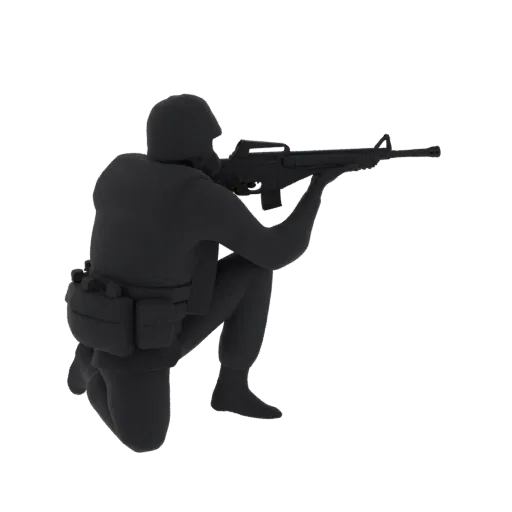3D model of a soldier in a crouched combat stance, aiming a rifle, with tactical gear.