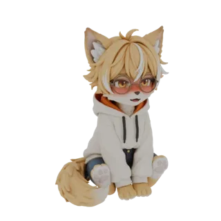 Modelo 3D de un lindo zorro antropomórfico personaje sentado, con gafas y sudadera blanca.