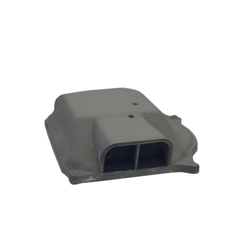 A 3D model of a gray, dual-intake air scoop with a split opening, presented on a white background.