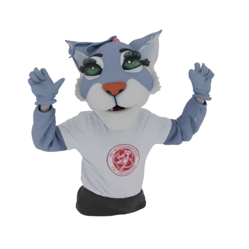 3D model of a blue cat mascot character wearing a white t-shirt and dark skirt, waving with both hands.