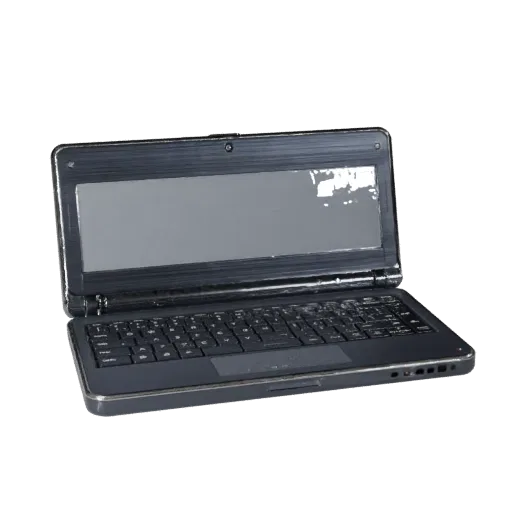Gaming Tablet Computer High Poly 3D model, close-up studio render, showing brushed metal, open lid angle.