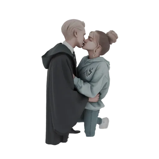 3D model of a young couple kissing, the male in a dark Hogwarts-style robe and the female in a blue hoodie and jeans.