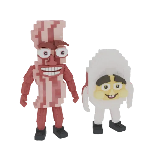 A 3D model of two blocky, pixelated characters: one is a strip of bacon with a wide smile, and the other is an egg with a fri