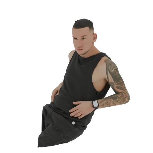 3D model of a man with tattoos wearing a black tank top and dark shorts, looking to the side.