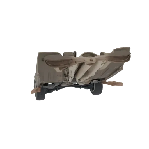 3D model of a car's underside, showing the chassis, suspension, and exhaust system with a dusty texture, viewed from below.