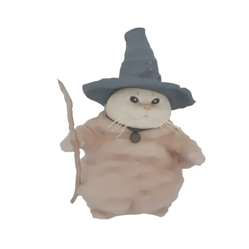 3D model of a plump orange tabby cat wearing a blue wizard hat and holding a wooden staff, with a black background.