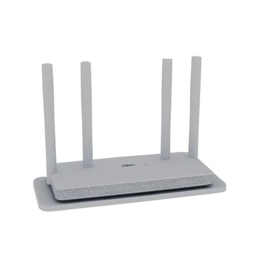 3D model of a white wall shelf for a Xiaomi router, with the router's four antennas resting on the shelf.