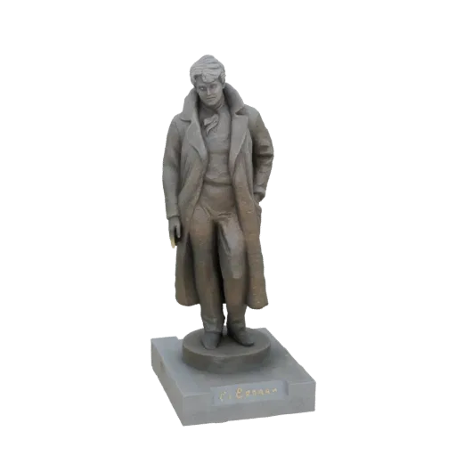 3D model of a stone-like statue of the Russian poet Sergei Yesenin, standing on a rectangular base with an inscription.