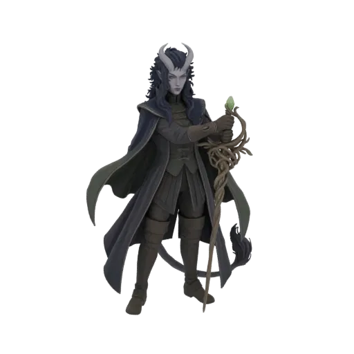 3D-Modell einer Tiefling-Zauberin mit dunklem Haar, Hörnern und einem verdrehten Stab mit grünem Juwel.