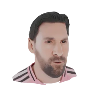 3D model of Lionel Messi wearing a pink and black striped jersey, with a focused expression.