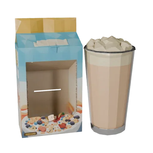 Boxed Cereal Box Low Poly 3D model, game viewport three-quarter view, showing cardboard, package massing.