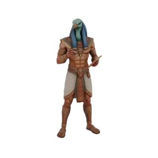 3D model of Thoth, the Egyptian god of wisdom, with an ibis head, wearing traditional attire and holding scribe tools.