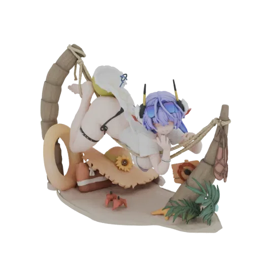 3D-Modell eines Mädchens im Bikini am Strand, mit Sonnenhut, Strandtasche und Palmen-Elementen.