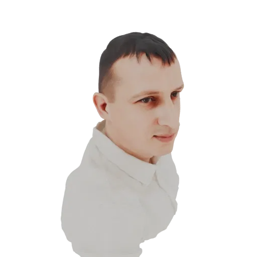 3D model of a man with short dark hair wearing a white collared shirt, looking to the side.