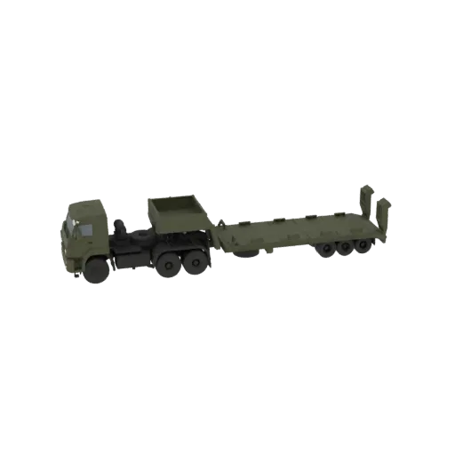 3D model of an olive-drab military heavy equipment transporter truck with a tractor unit and flatbed trailer