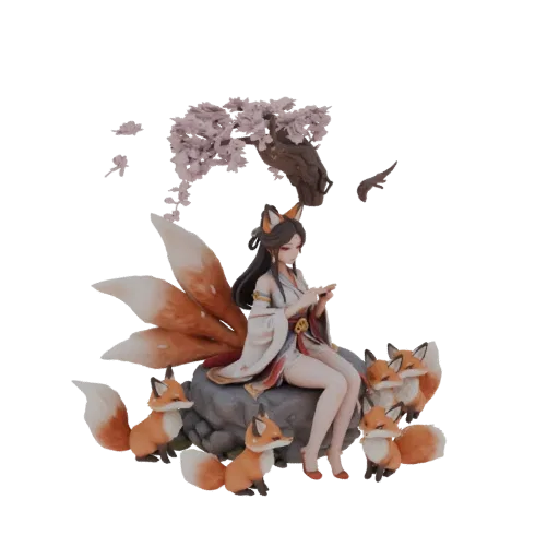 Modelo 3D de Kitsune de nove caudas sentada em uma pedra sob cerejeira em flor, cercada por filhotes