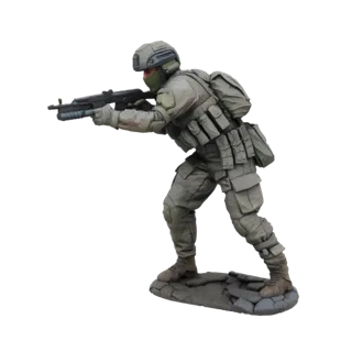 3D model of a modern soldier in a tactical pose, aiming an assault rifle, standing on a rocky diorama base.