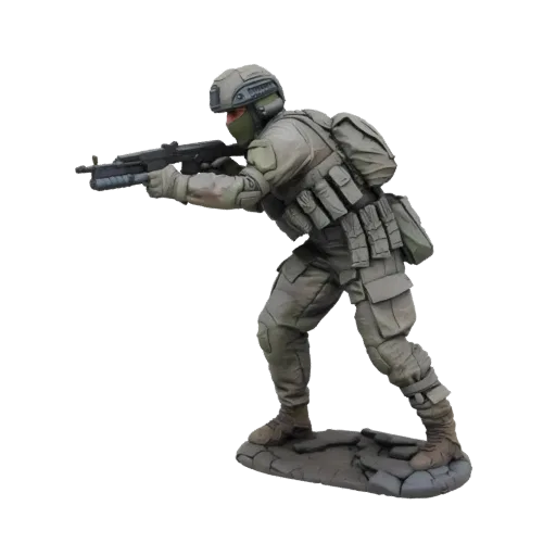 3D model of a modern soldier in a tactical pose, aiming an assault rifle, standing on a rocky diorama base.