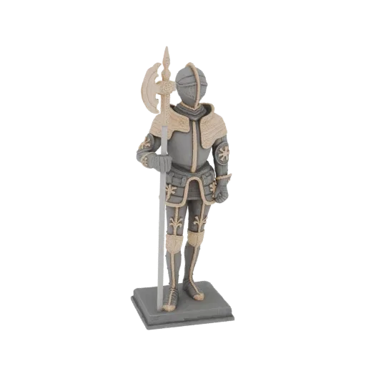 3D model of a knight in grey and beige armor, holding a halberd, standing on a square base.