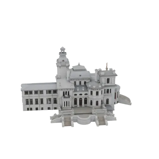 Modello 3D di un'ornata villa bianca con grande scalinata e torri multiple, su sfondo nero.