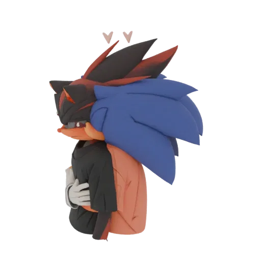 3D model of Sonic and Shadow in a close embrace, rendered in a clay-like style with small hearts above them.