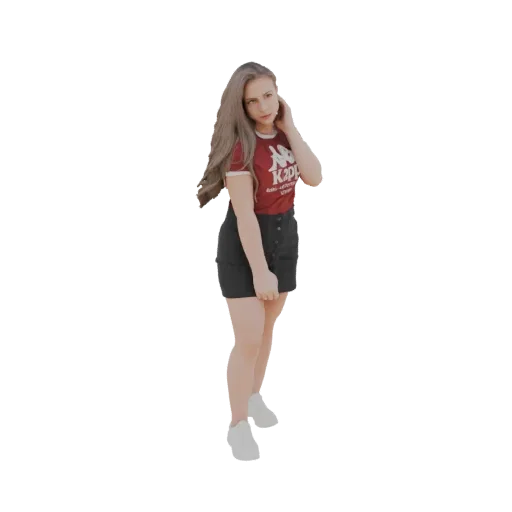 3D model of a young woman with long blonde hair, wearing a red Kappa t-shirt and black denim shorts, posing casually.