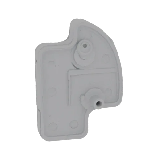 A 3D render of a light gray, curved electronic component housing with two prominent mounting posts.