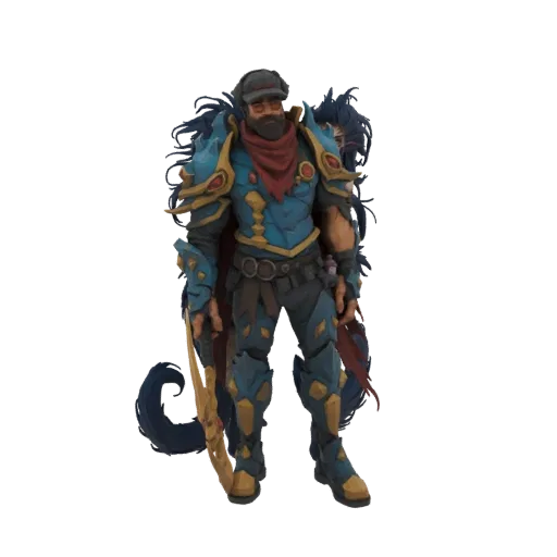 3D model of a Steampunk Warrior in blue and gold armor, holding a large golden scythe, with a red scarf and cap.