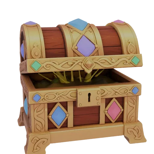 A 3D render of an ornate, open wooden treasure chest with golden trim and colorful gem inlays, revealing green foliage inside
