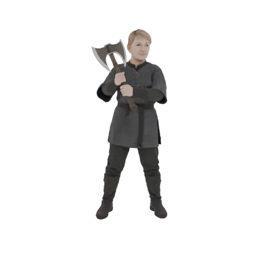 3D model of a female Viking warrior with blonde hair, wearing chainmail armor and holding a large battle axe, posed against a