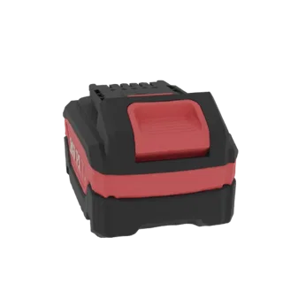 3D model of a black and red power tool battery pack with a red release latch on top, viewed from a slight angle.