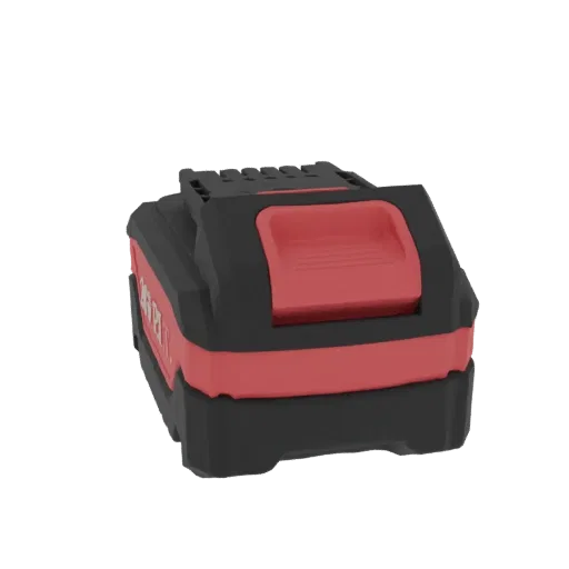 3D model of a black and red power tool battery pack with a red release latch on top, viewed from a slight angle.