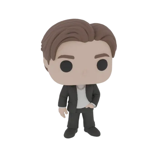 3D model of a stylized man in a dark suit and white t-shirt, resembling a Funko Pop figure, with one hand in his pocket.