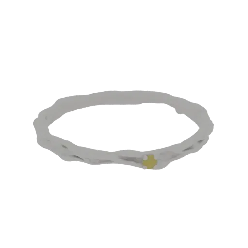 Rendu 3D d'une bague texturée ressemblant à une branche naturelle avec un petit détail doré.