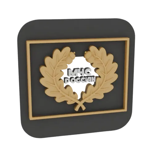 3D model of the Russian Ministry of Emergency Situations emblem with gold oak branches and acorns on a black background