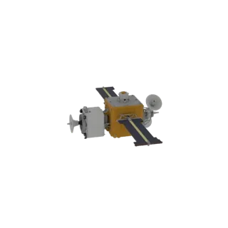 Modèle 3D du satellite russe Aist-2D avec panneaux solaires déployés, montrant son corps principal, ses antennes et ses instr