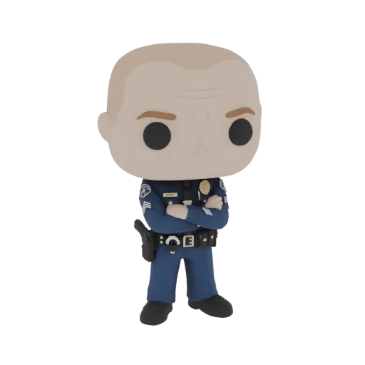 3D model of a Funko Pop style police officer with arms crossed, wearing a blue uniform and utility belt.
