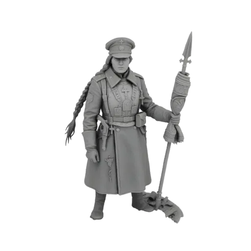 3D model render of a female officer in uniform holding a spear, with intricate details on her uniform and weapon.