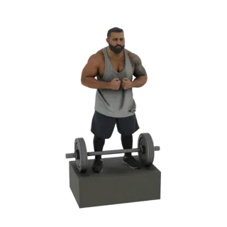 Modello 3D di un uomo muscoloso con barba, che indossa una canottiera grigia e pantaloncini scuri, flette i bicipiti con un b