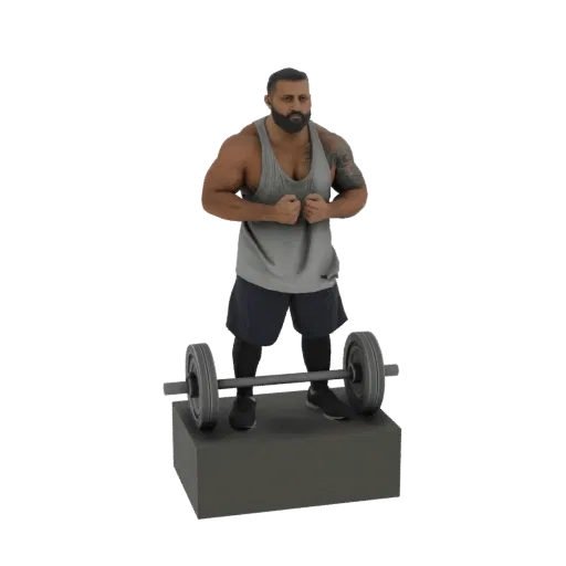 Modèle 3D d'un homme musclé avec une barbe, portant un débardeur gris et un short foncé, fléchissant ses biceps avec une halt