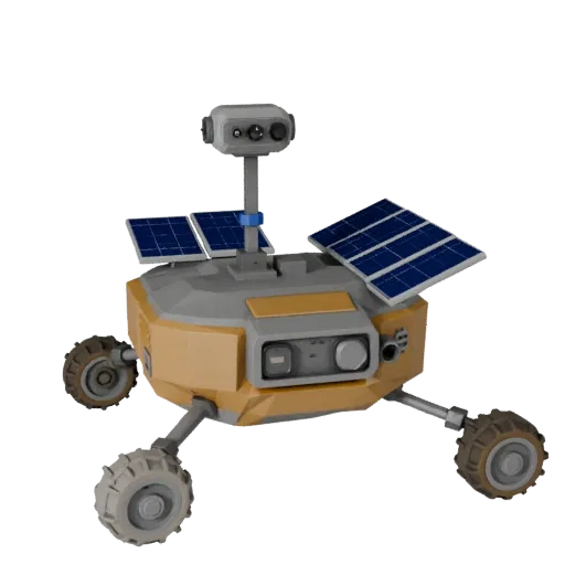 Lunar Style Lander Low Poly 3D model, game viewport three-quarter view, showing dusty wheels, vehicle stance.