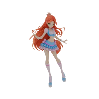 Modelo 3D de una princesa hada anime con cabello largo y fluyente naranja y un atuendo azul y rosa, en pose dinámica.