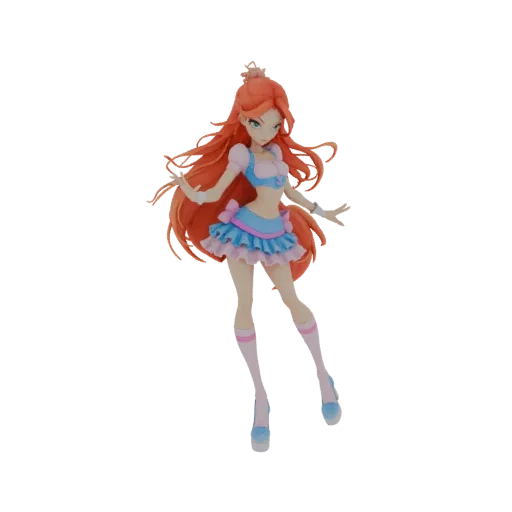 Modelo 3D de uma princesa fada anime com cabelo longo e fluido laranja e um traje azul e rosa, em pose dinâmica.