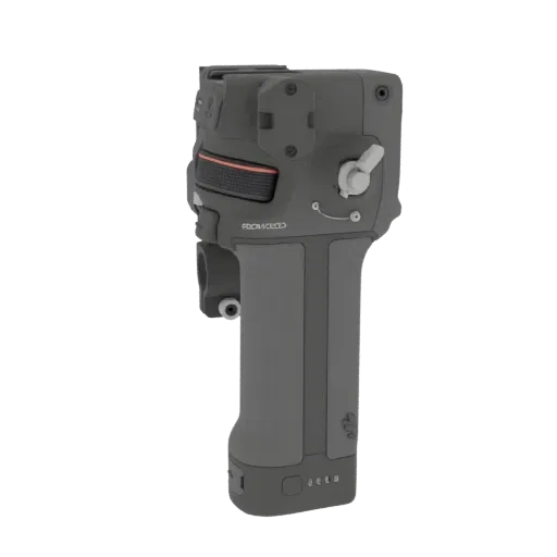 Side view of a 3D model of the DJI RS 3 Gimbal Controller, showing its grip and control elements.