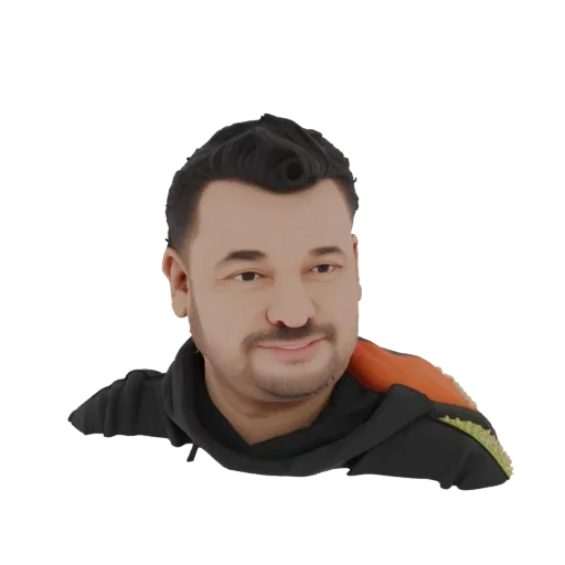 Ein 3D-Rendering einer stilisierten Büste eines Mannes mit Bart, der einen schwarzen Kapuzenpullover mit orangefarbenem Schul