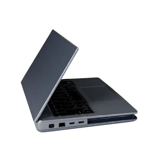 Ultrabook Laptop High Poly 3D model, close-up studio render, showing brushed metal, open lid angle.