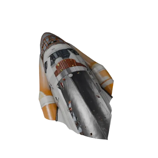 High Poly Space Shuttle 3D-Modell, Nahaufnahme Studioansicht, High-Poly Fahrzeug-Asset mit Missionssilhouette, Panel-Aufteilu